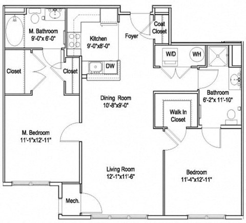 Floor plan for 2 beds, 2 baths, 1040 sqft