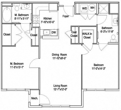 Floor plan for 2 beds, 2 baths, 1050 sqft