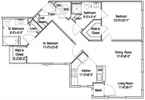 Floor plan for 2 beds, 2 baths, 1054 sqft