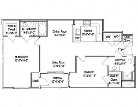 Floor plan for 2 beds, 2 baths, 1137 sqft
