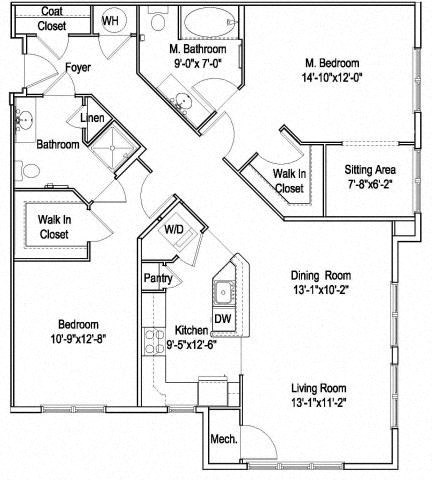 Floor plan for 2 beds, 2 baths, 1347 sqft