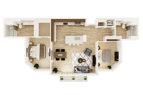 Floor plan for 2 beds, 2 baths, 1207 sqft