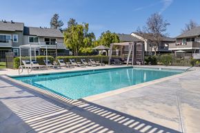 San Jose apartment for rent - A large swimming pool surrounded by lounge chairs and apartment buildings.