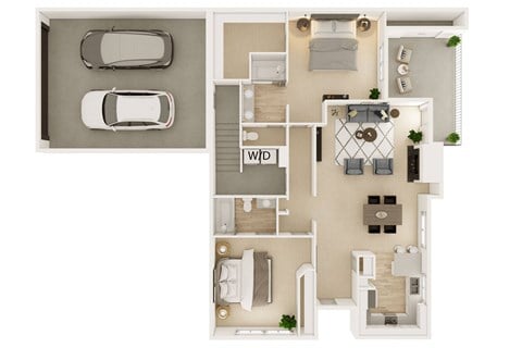 Floor plan for 2 beds, 2 baths, 1214 sqft
