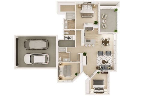Floor plan for 3 beds, 2 baths, 1327 sqft