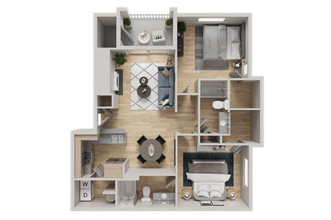 Floor plan for 2 beds, 2 baths, 999 sqft
