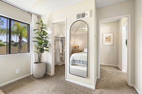 San Diego apartment for rent - a bedroom with a large mirror and a closet with a bed