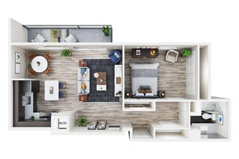 Floor plan for 1 bed, 1 bath, 885 sqft