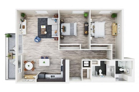 Floor plan for 2 beds, 2 baths, 1165 sqft