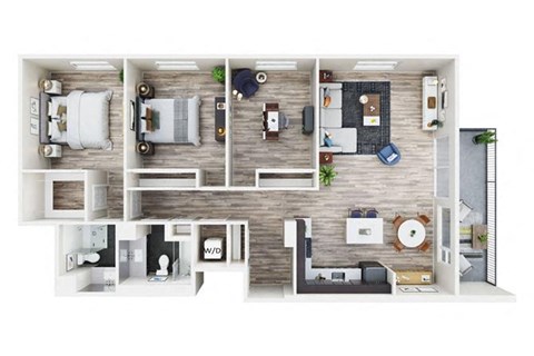 Floor plan for 3 beds, 2 baths, 1383 sqft