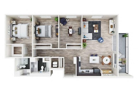 Floor plan for 3 beds, 2 baths, 1383 sqft