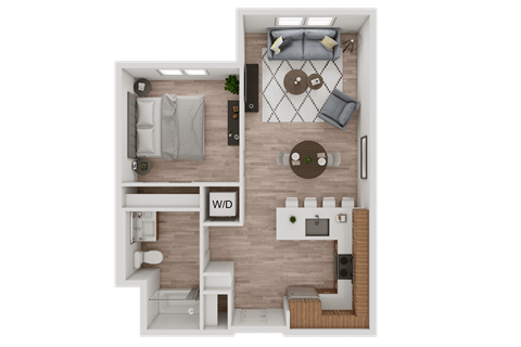 Floor plan for 1 bed, 1 bath, 691 sqft