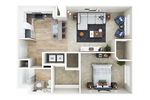Floor plan for 1 bed, 1 bath, 735 sqft
