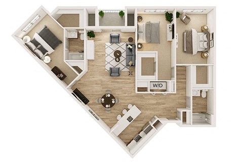 Floor plan for 3 beds, 2 baths, 1305 sqft