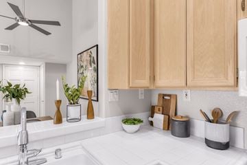 San Diego apartment for rent - A kitchen with a white sink and wooden cabinets.