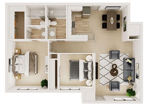 Floor plan for 2 beds, 2 baths, 860 sqft