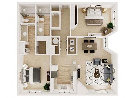 Floor plan for 2 beds, 2 baths, 1075 sqft