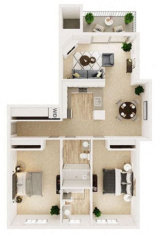 Floor plan for 2 beds, 2 baths, 1030 sqft