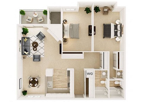 Floor plan for 2 beds, 2 baths, 1042 sqft