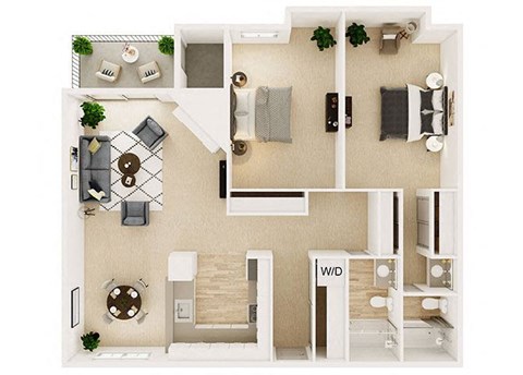 Floor plan for 2 beds, 2 baths, 1050 sqft