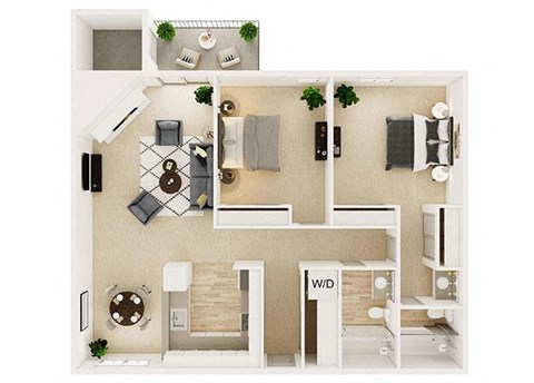 Floor plan for 2 beds, 2 baths, 1030 sqft