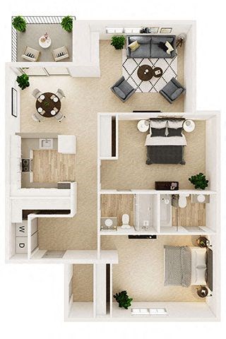 Floor plan for 2 beds, 2 baths, 1042 sqft