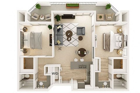 Floor plan for 2 beds, 2 baths, 1050 sqft