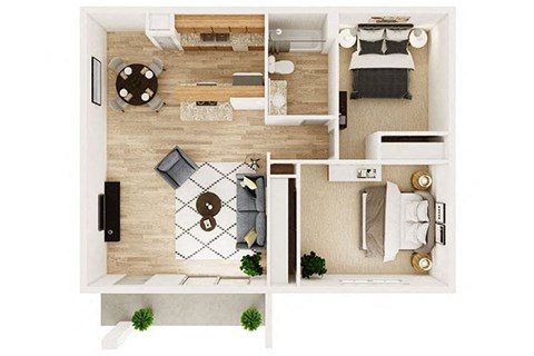Floor plan for 2 beds, 1 bath, 858 sqft