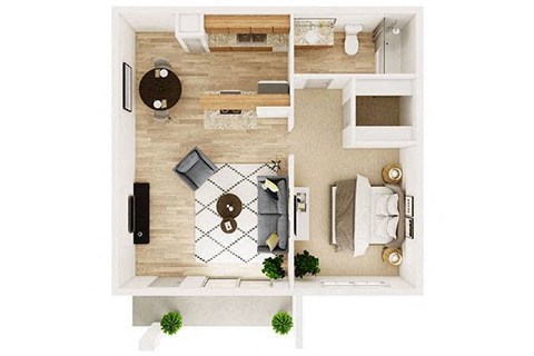 Floor plan for 1 bed, 1 bath, 728 sqft