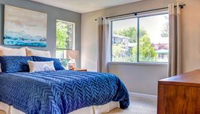 San Jose apartment for rent - a bedroom with a bed and a large window