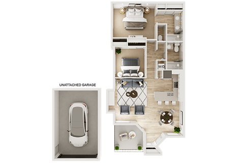 Floor plan for 2 beds, 2 baths, 998 sqft