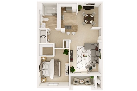 Floor plan for 1 bed, 1 bath, 744 sqft