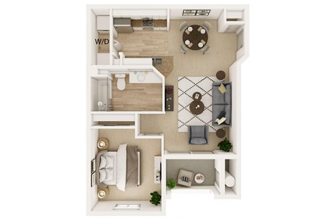 Floor plan for 1 bed, 1 bath, 669 sqft