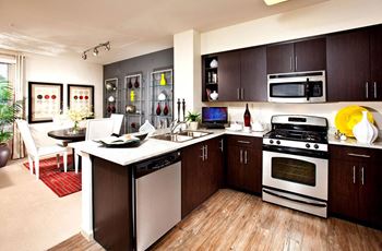 Clean steel appliances: built-in microwave, refrigerator with icemaker, gas range and dishwasher