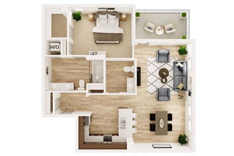 Floor plan for 1 bed, 1.5 baths, 893 sqft