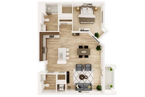 Floor plan for 1 bed, 1.5 baths, 994 sqft
