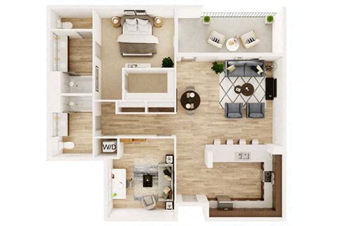 Floor plan for 1 bed, 2 baths, 1205 sqft