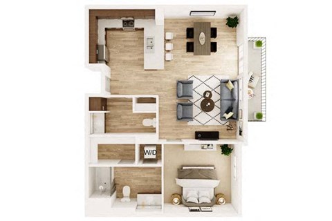 Floor plan for 1 bed, 1.5 baths, 872 sqft