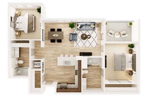 Floor plan for 2 beds, 2 baths, 1077 sqft