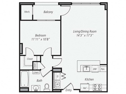 Floor plan for 1 bed, 1 bath, 749 sqft
