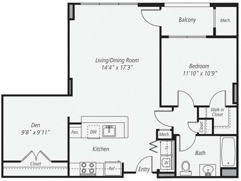 Floor plan for 1 bed, 1 bath, 875 sqft