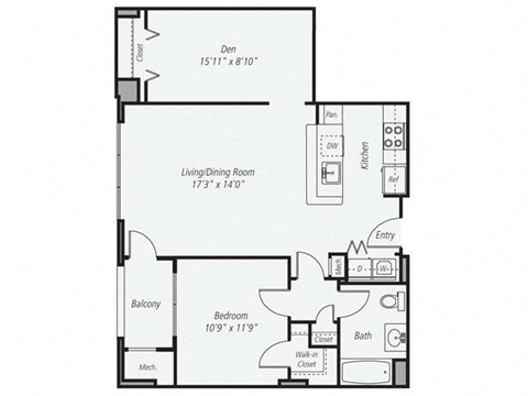 Floor plan for 1 bed, 1 bath, 917 sqft