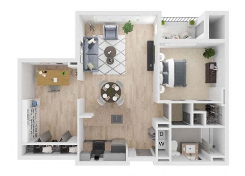 Floor plan for 1 bed, 1 bath, 937 sqft