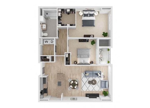 Floor plan for 2 beds, 1 bath, 999 sqft