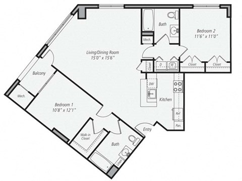 Floor plan for 2 beds, 2 baths, 1198 sqft