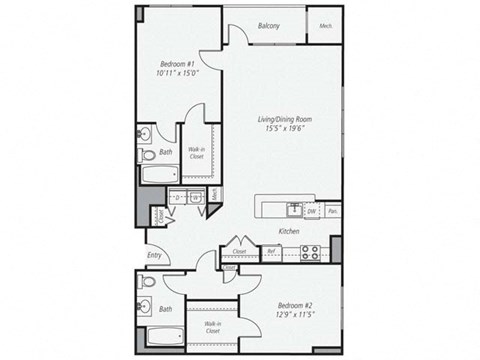 Floor plan for 2 beds, 2 baths, 1288 sqft