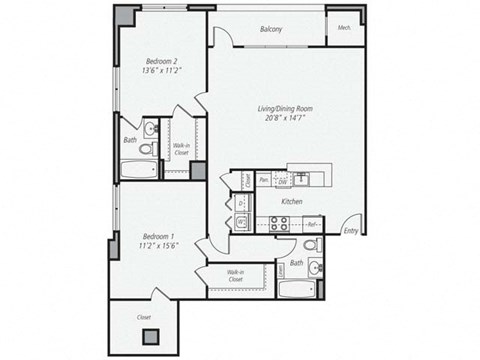 Floor plan for 2 beds, 2 baths, 1312 sqft