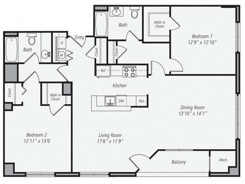 Floor plan for 2 beds, 2 baths, 1452 sqft