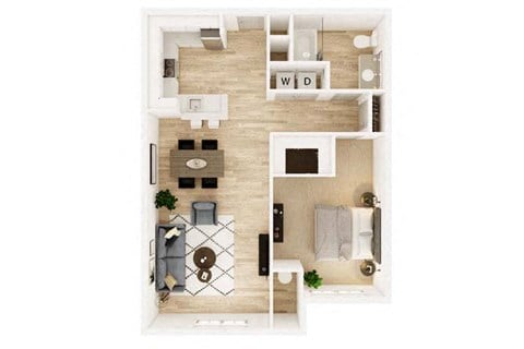 Floor plan for 1 bed, 1 bath, 859 sqft