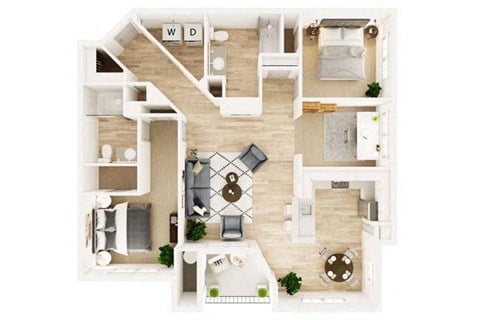 Floor plan for 2 beds, 2 baths, 1342 sqft